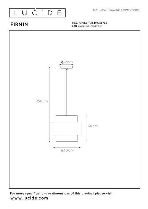 Lucide FIRMIN - Pendant light - Ø 30 cm - 1xE27 - Matt Gold / Brass - technical